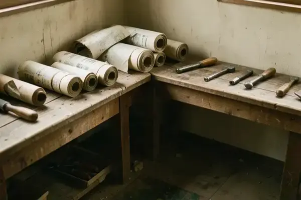 創業当時の小さな作業場とツール