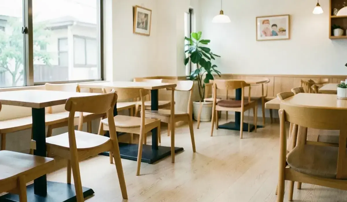 ロールビニールを施工した明るいカフェ店内